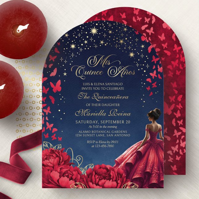 Convite Vermelha Floral Celestial Princesa Elegante Quince (Criador carregado)