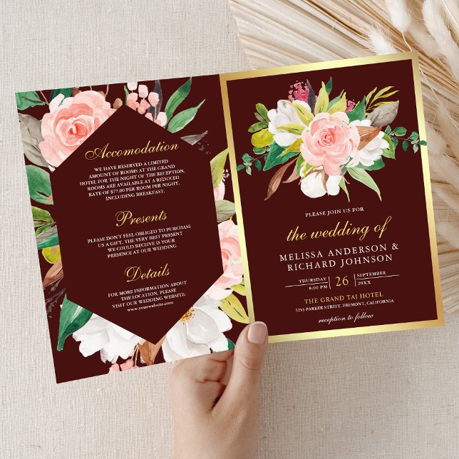 Convite Vermelhão Rosa Floral Dourado Borgonha Código QR C (Criador carregado)