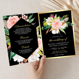Convite Vermelhão Rosa Floral Dourado Código QR Preto Casa