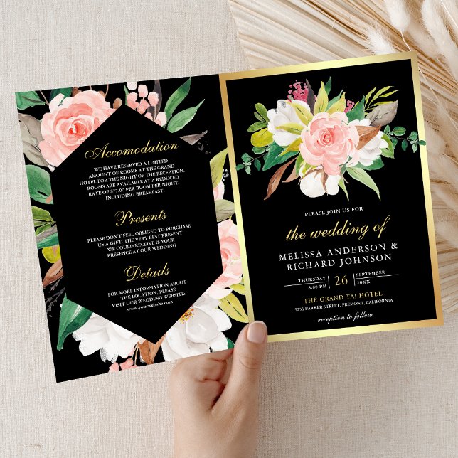 Convite Vermelhão Rosa Floral Dourado Código QR Preto Casa (Criador carregado)