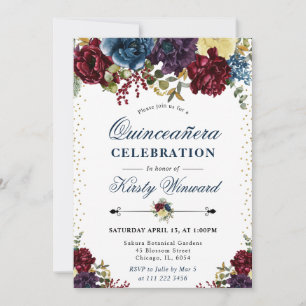 Convite Vermelhas e Azul-Marinho Flores de Inverno Quincea