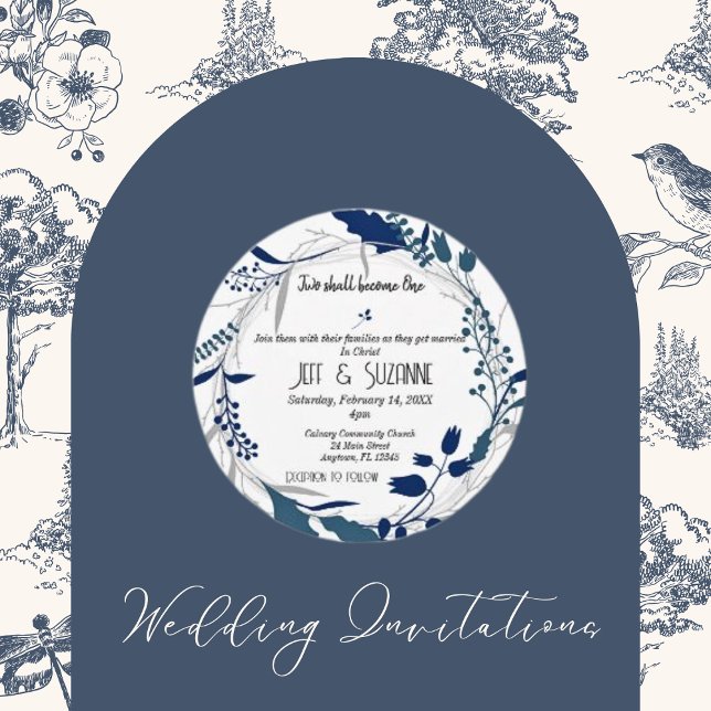 Convite Vermelhidão Floral Cristã Dois Torna-Se Um (Christian Blue Floral Wreath Two Become One Wedding Invitations)