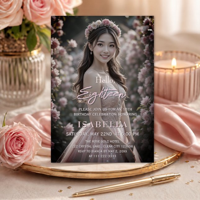 Convite Vermelhidão Rosa Olá Dezoito Foto (Blush pink 18th birthday invitation with soft floral and elegant photo design)