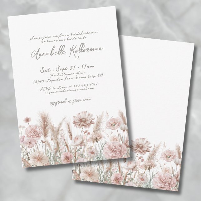 Convite Vermelhidão Rosa Pampas Floral Boho Chá de Bebê de (Blush Pink Pampas Floral Boho Bridal Shower Invitation )
