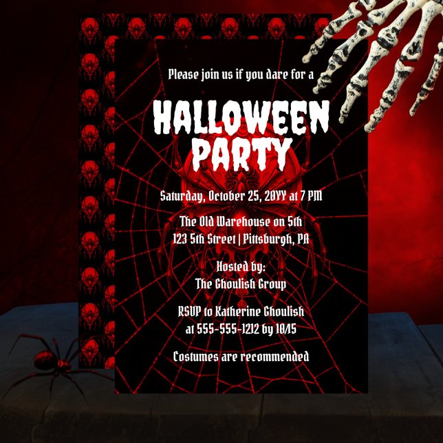 Convite Vermelho assustador | Festa de Dia das Bruxas de A (Creepy, spooky and scary glowing red black widow spider on a red spider web "Halloween Party" design)
