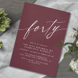 Convite Vermelho borgonha | aniversário de 40 anos de Maro<br><div class="desc">Aniversário de 40 anos,  estilo moderno,  com texto de título "quarenta" em uma fonte de script. Fonte branca sobre fundo vermelho profundo.</div>
