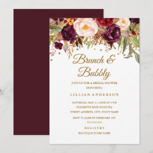 Convite Vermelho Borgonha Dourado Floral Brunch E Bubbly