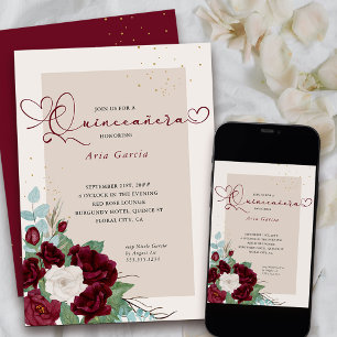 Convite Vermelho Borgonha e Rosas de Marfim Elegante Quinc