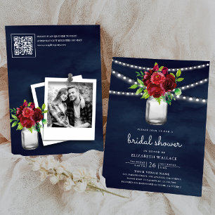 Convite Vermelho Borgonha Floral Azul Marinho Código QR Ch