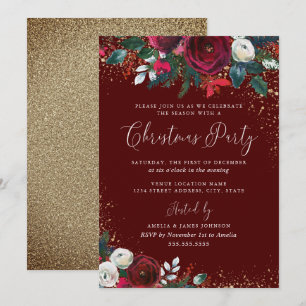Convite Vermelho Borgonha Floral Pó Dourado Natal