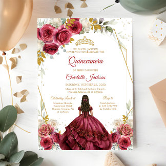 Convite Vermelho Borgonha Floral Quinceanera Aniversário