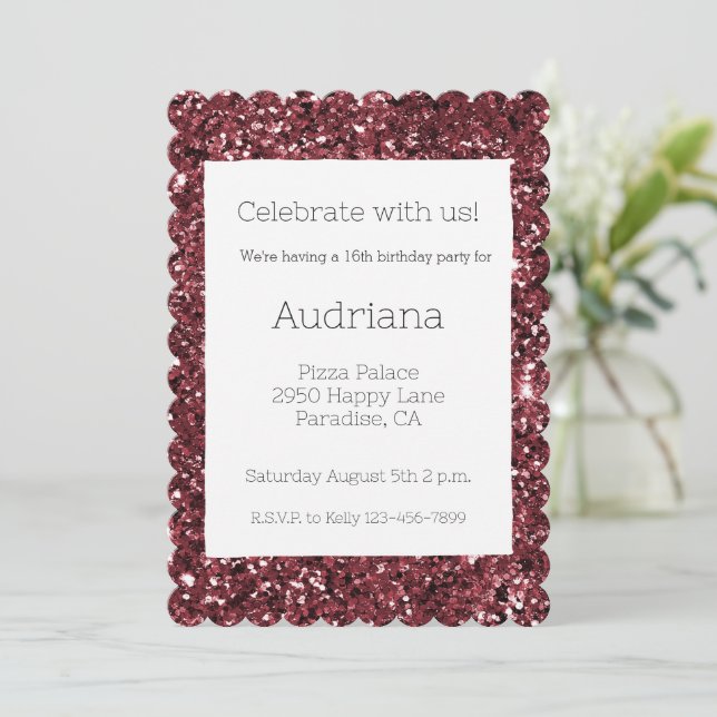 Convite Vermelho Borgonha Glitzy Brilho Faísca Aniversário (Em pé/Frente)
