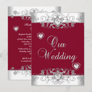 Convite Vermelho Borgonha Real Corações de Casamento Prata