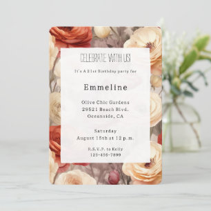 Convite Vermelho Borgonha Romântico Floral Creme Aniversár