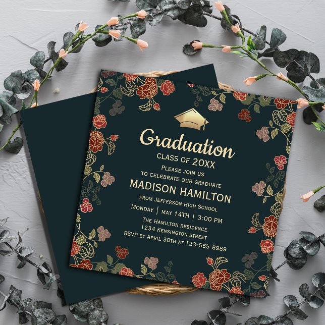 Convite Vermelho Botânico e Festa de formatura Dourada (Elegant Red and Gold Graduation Party Invitation #graduationinvitation #botanical #graduate#greenery)