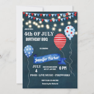 Convite Vermelho Branco Azul Quatro de Julho   Aniversário