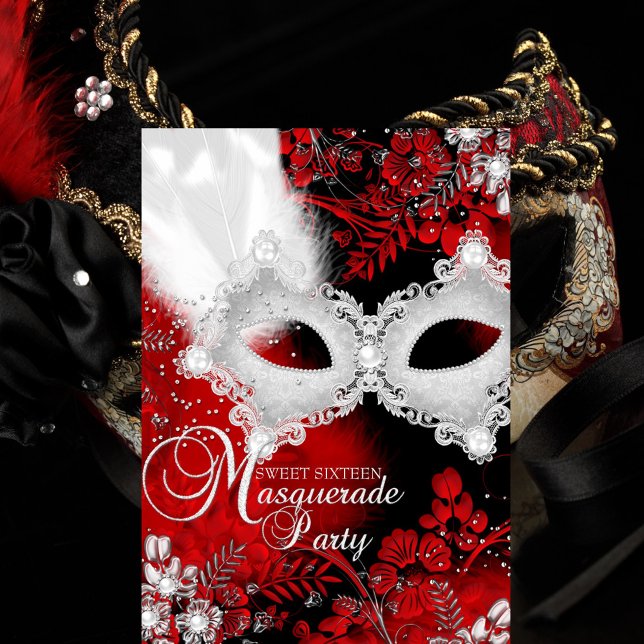 Convite Vermelho Branco brilho Máscara Mascarada Doce 16 (Criador carregado)