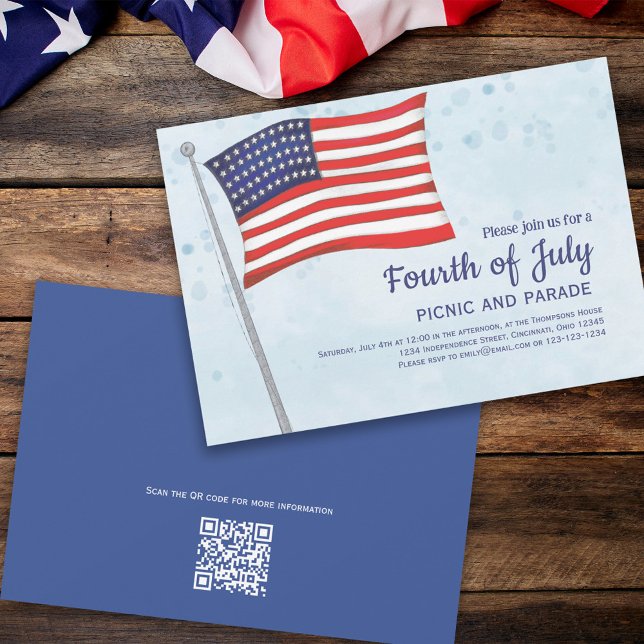 Convite Vermelho Branco Cinto Azul Quatro de Julho Bandeir (Fourth of July party invitation with red, white, and blue flag. )