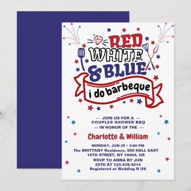 Convite Vermelho Branco e Azul eu faço churrasco Casal chá (Frente/Verso)