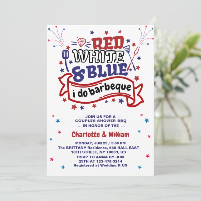 Convite Vermelho Branco e Azul eu faço churrasco Casal chá (Em pé/Frente)