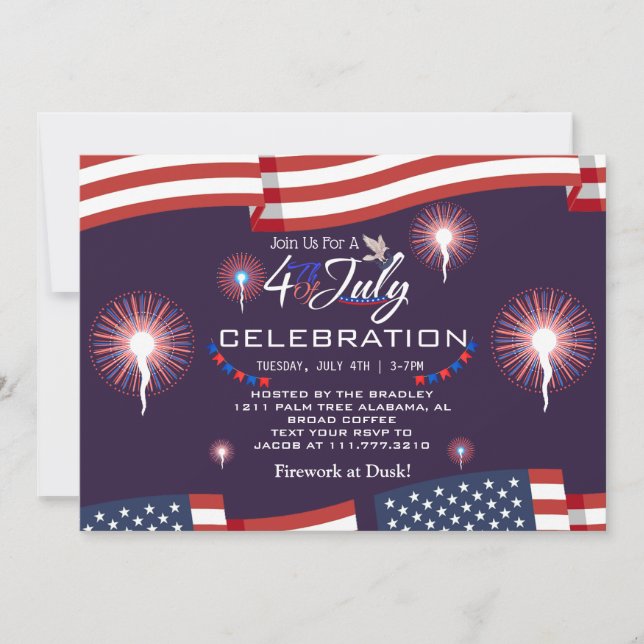 Convite Vermelho Branco e Azul Fogos de Artifício Patrióti (Frente)