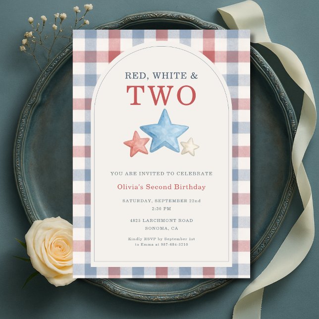 Convite Vermelho Branco e Dois Gingham Aniversário de 2 an (Criador carregado)