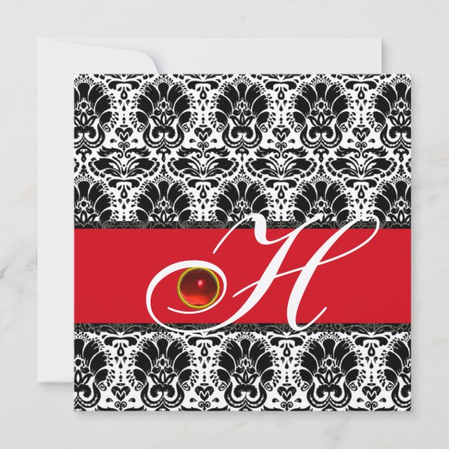 Convite VERMELHO BRANCO PRETO CHAMPAGNE DAMASK MONOGRAM Ru (Frente)