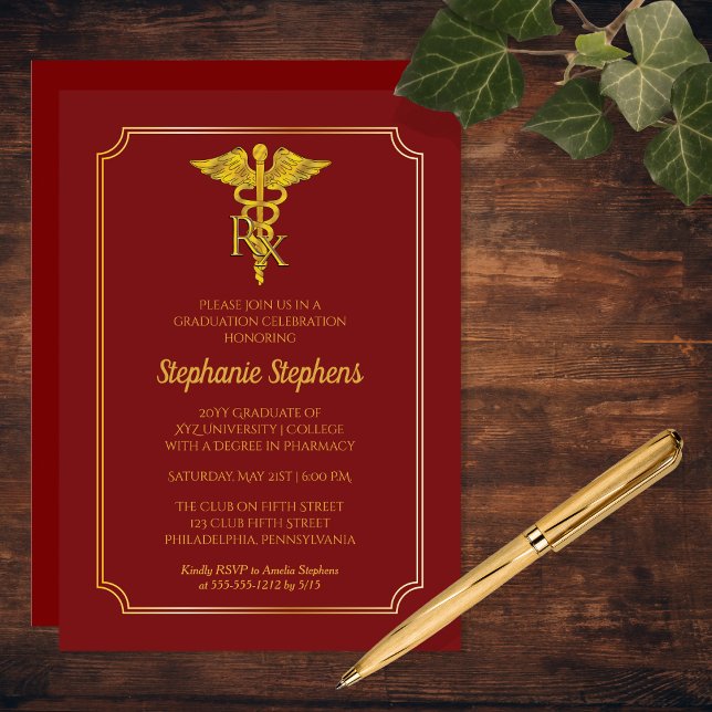 Convite Vermelho Cardinal | Festa de formatura Rx Farmácia (Cardinal Red and Gold Tone Rx Pharmacy Graduation Party Invitation)