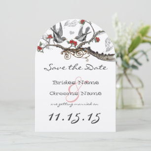 Convite Vermelho Cinza Vintage Pássaros Casamento Salve a
