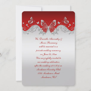 Convite Vermelho com Borboletas Prateadas Ornamentais Apen