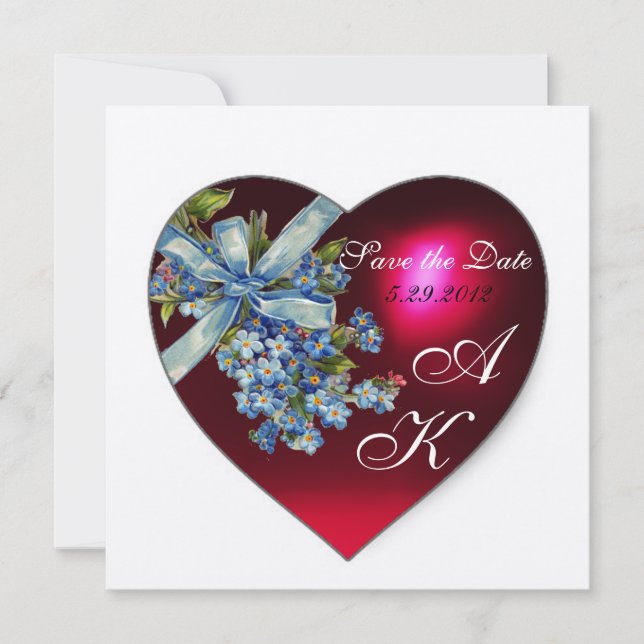 Convite VERMELHO CORAÇÃO E ESQUEÇA-ME NÃO MONOGRAMA Dourad (Frente)