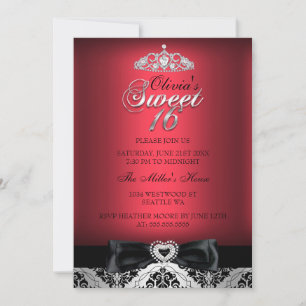 Convite Vermelho Damask & Laço para Sweet Sixteen