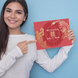 Convite Vermelho de Casamento Chinês Moderno Dragã