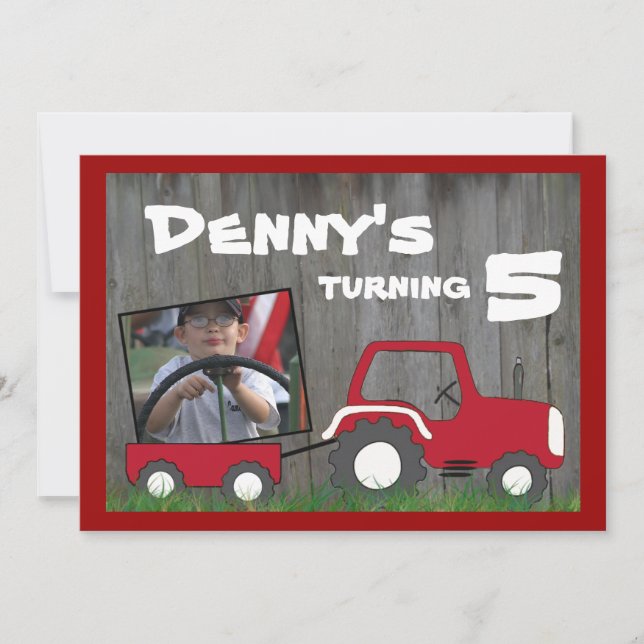 Convite vermelho do aniversário do trator: Foto no (Frente)