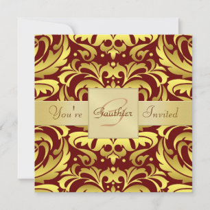 Convite vermelho do monograma da folha Dourado do