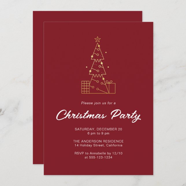 Convite Vermelho do Partido das Árvores de Natal Dourado e (Frente/Verso)