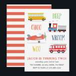 Convite Vermelho do Woo Kid para festa de aniversá<br><div class="desc">Um convite de festa de aniversário infantil com trem,  caminhão de bombeiros,  avião e um ônibus escolar.</div>