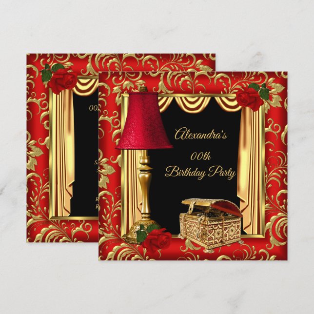 Convite Vermelho Dourado Drapes Roses lâmpada caixa de joi (Frente/Verso)