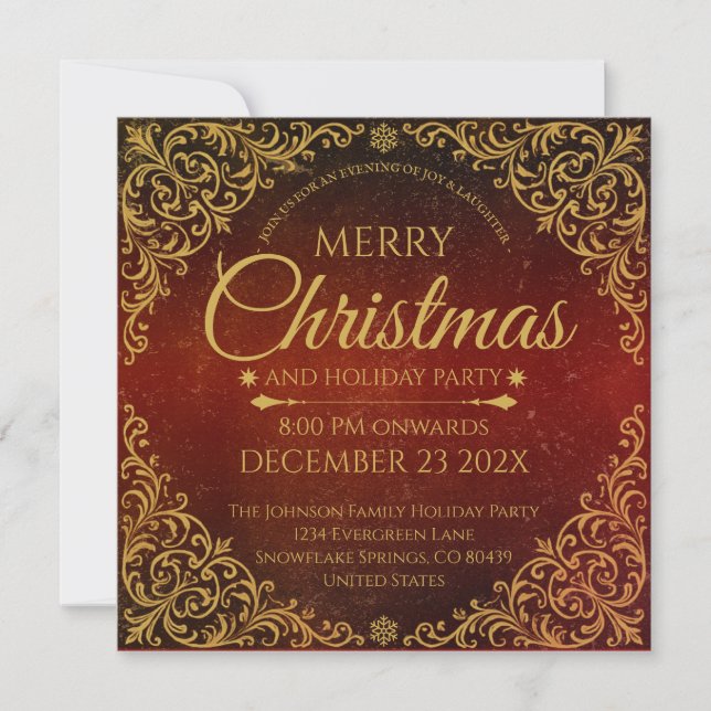 Convite Vermelho Dourado e Veludo Natal Elegante (Frente)
