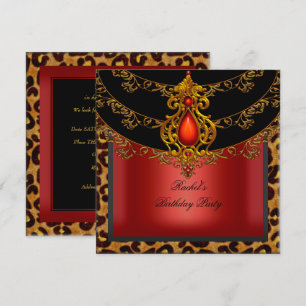 Convite Vermelho Dourado Preto Festa de Aniversário Leopar