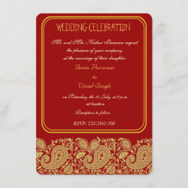 Convite Vermelho e casamento Hindu de paisley do ouro