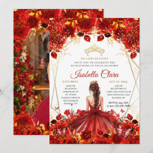 Convite Vermelho e Dourada Princesa Floral Quinceanera