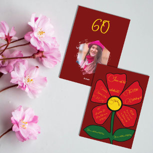Convite Vermelho e Dourado 60º Aniversário Flor Simples