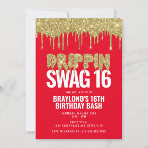 Convite Vermelho e Dourado Drippin Swag 16 Aniversário 