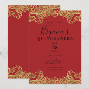Convite Vermelho e Dourado Laço Festa de Quinceañera Elega