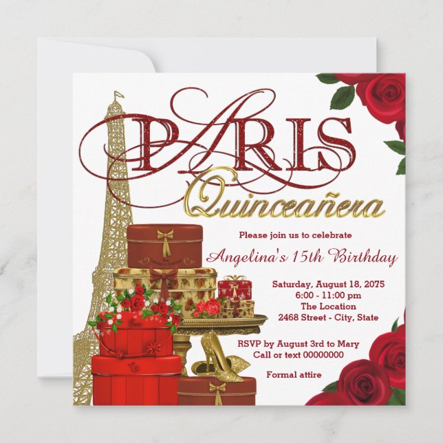 Convite Vermelho e Dourado Paris Quinceanera (Frente)
