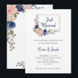 Convite Vermelho e Floral Geométrico Azul-Marinho | Recém-<br><div class="desc">Convites modernos e elegantes para brunch pós-casamento apresentam flores desenhadas à mão em azul-marinho e aquarela rosa. Muitas folhas e folhagens verdes botânicas adornam os buquês. Há também uma moldura geométrica retangular com aparência de rosa dourado falso e uma fonte manuscrita moderna que diz "recém-casados".</div>