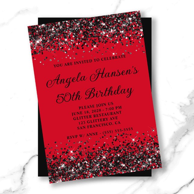 Convite Vermelho e Negro - 50º Aniversário (Red and Black Glitter 50th Birthday Invitation)