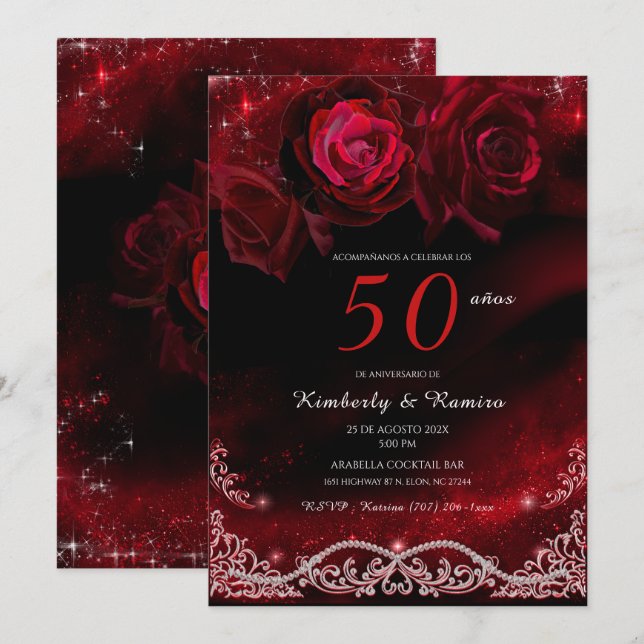 Convite Vermelho e Preto 50º Aniversário de Casamento (Frente/Verso)