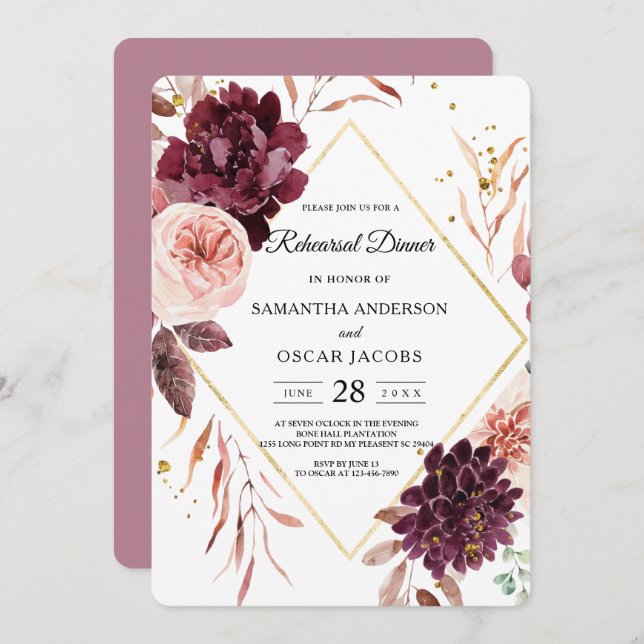 Convite Vermelho e Rosa Dourados Elegante (Frente/Verso)